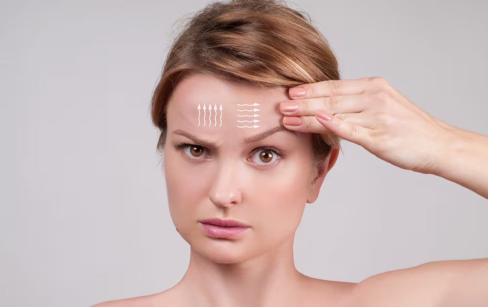 Woman demonstrating brow lift effects, comparing classic and endoscopic methods.