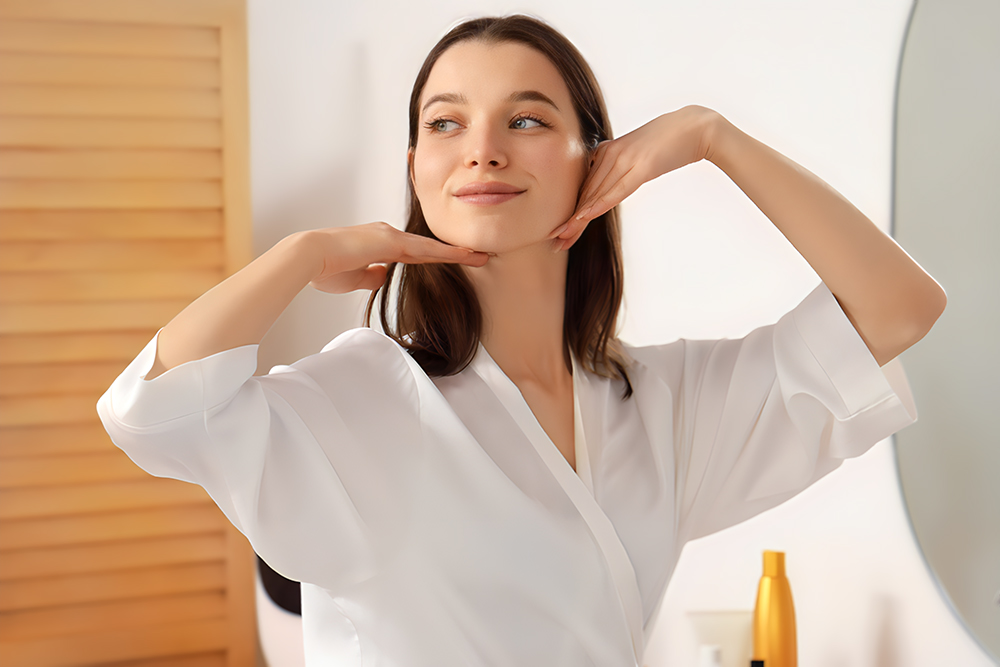 Woman smiling confidently while highlighting jawline and cheeks after deep plane facelift for facial rejuvenation
