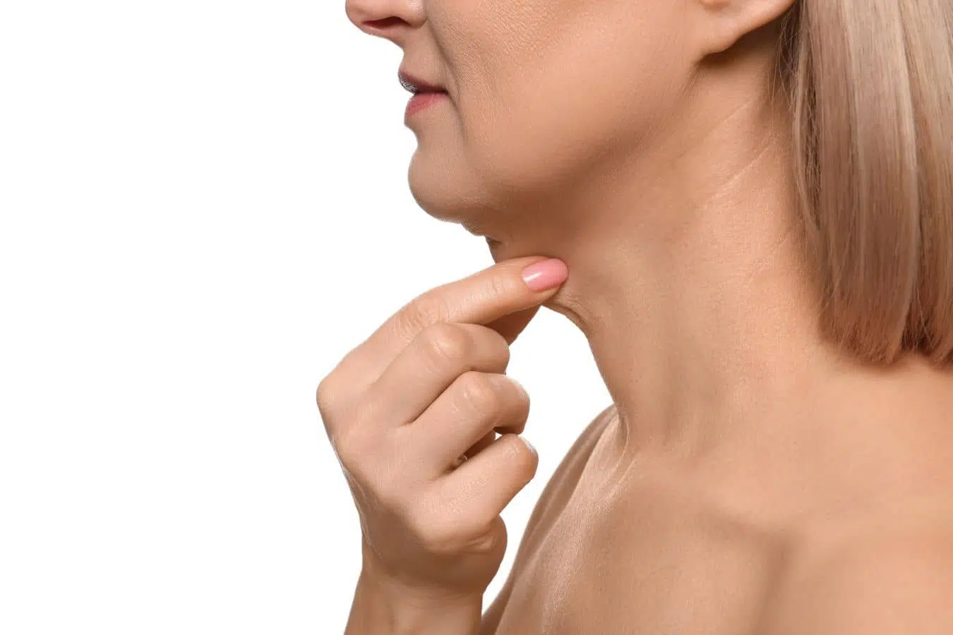 Side profile of woman touching loose neck skin, illustrating sagging neck after weight loss and jawline changes.